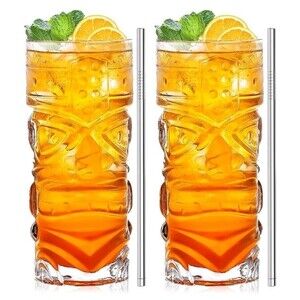 Clear Tiki Glasses Set of 2 - 14 Oz Cocktail Highball Glasses With Straws